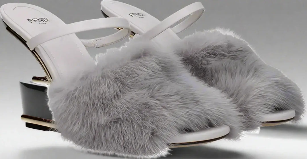 Gray furry sandals with white soles on a white background