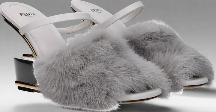 Gray furry sandals with white soles on a white background