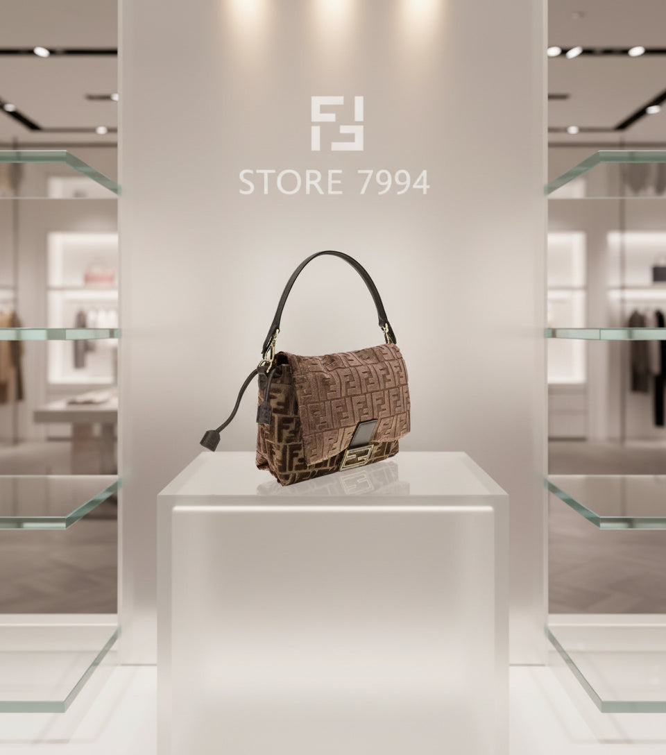 Brown textured handbag with a prominent brand logo on a white background