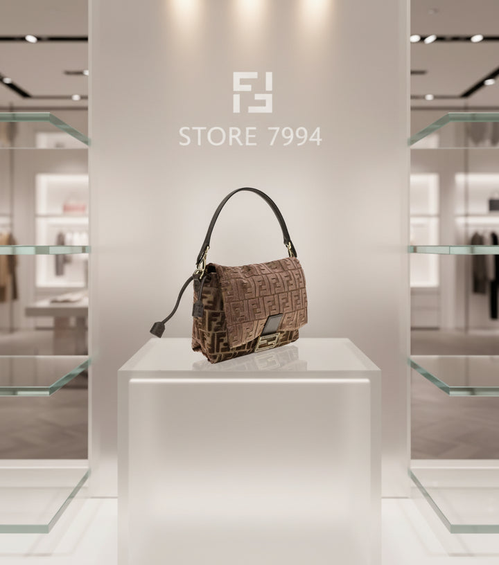 Brown textured handbag with a prominent brand logo on a white background