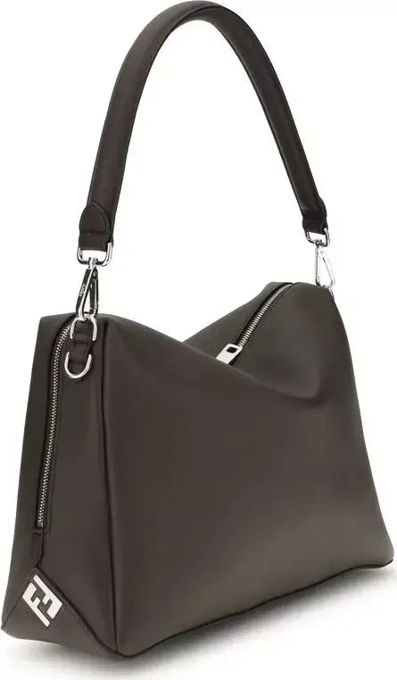 Black handbag with a visible brand logo on a white background
