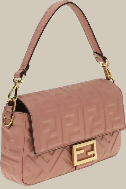 Pink handbag with gold accents on a white background