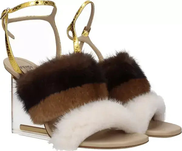 High-heeled sandals with fur straps on a white background