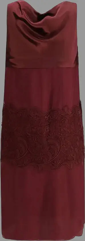 Burgundy dress with lace detailing on a plain background