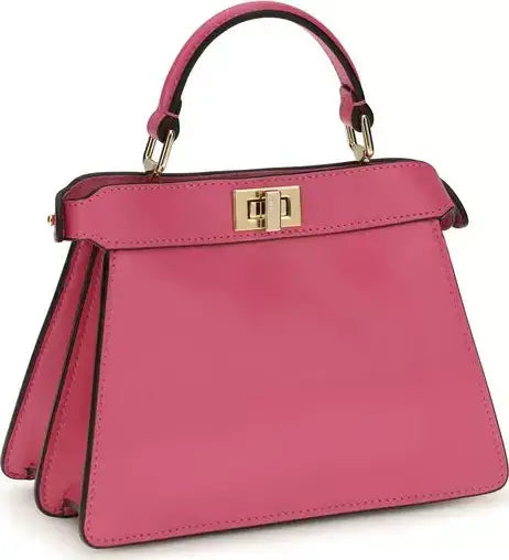 Pink handbag with a gold clasp on a white background