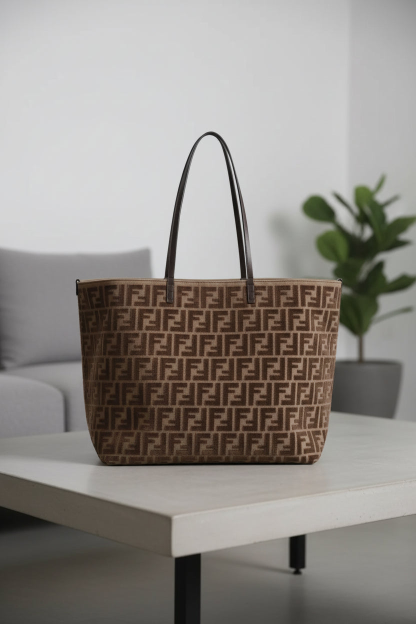 Brown tote bag with FF pattern on a white background