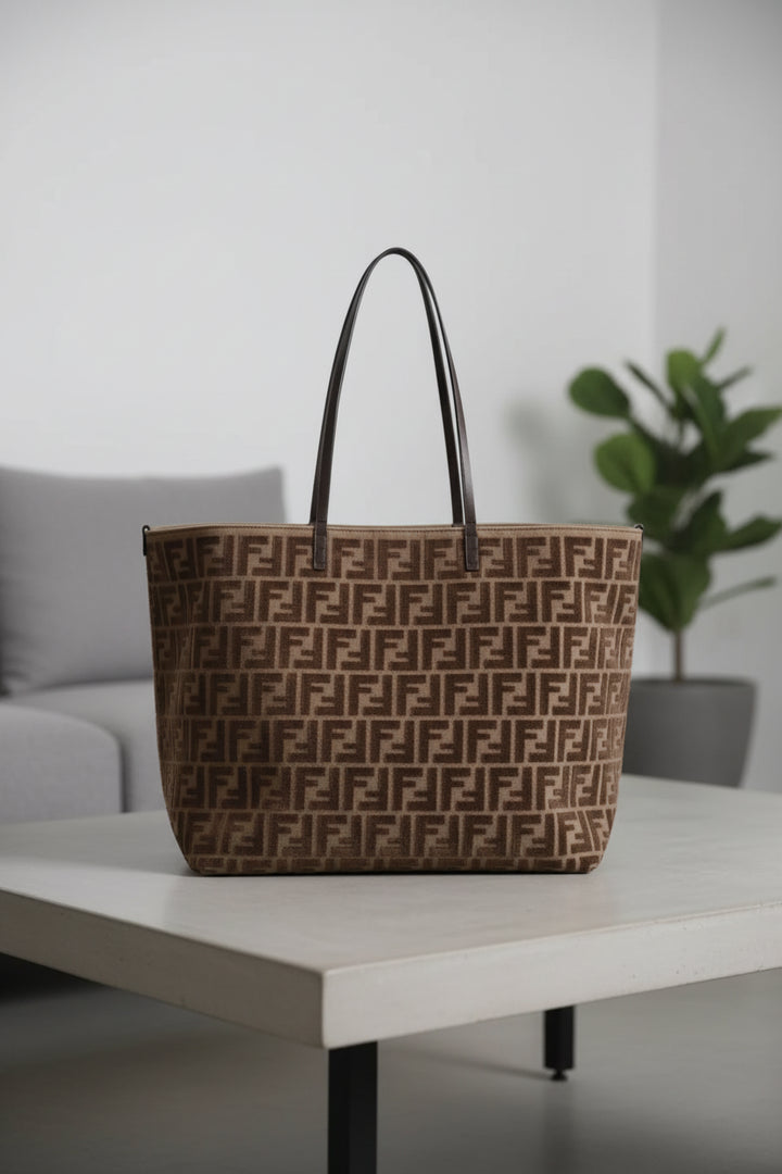 Brown tote bag with FF pattern on a white background