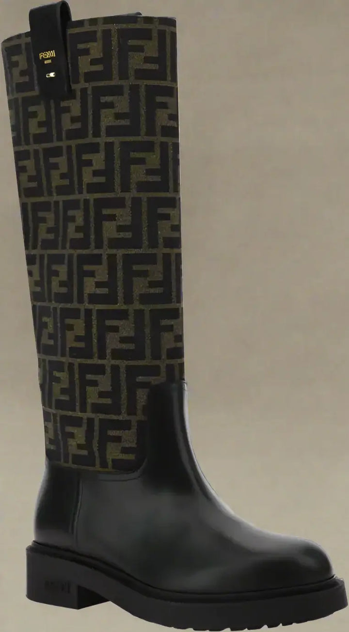 Black rain boot with Fendi logo pattern on a white background