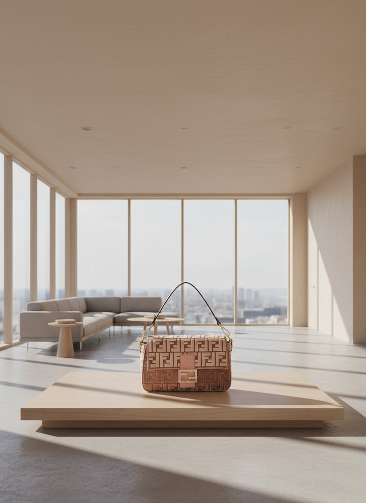 Designer handbag with brand logo on a white background