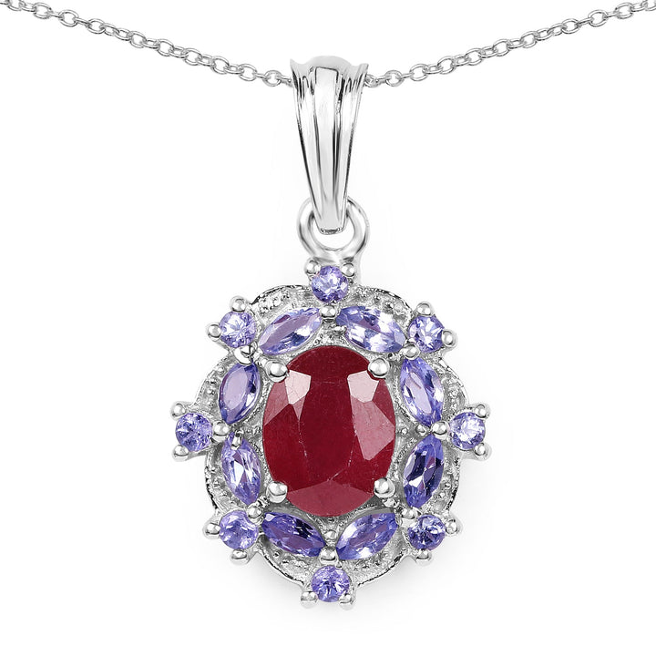 3.22 Carat Genuine Glass Filled Ruby &amp; Tanzanite .925 Sterling Silver Pendant