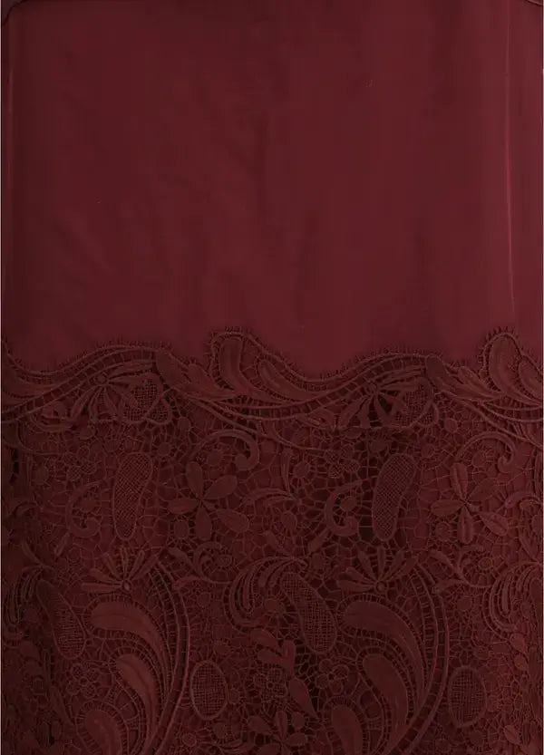 Red fabric with lace detailing