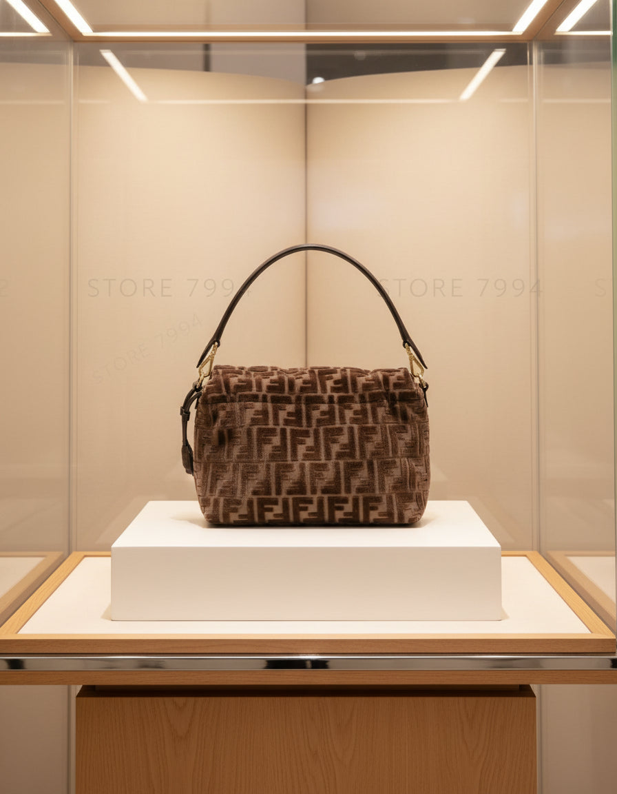 Brown textured handbag with gold logo pattern on a white background