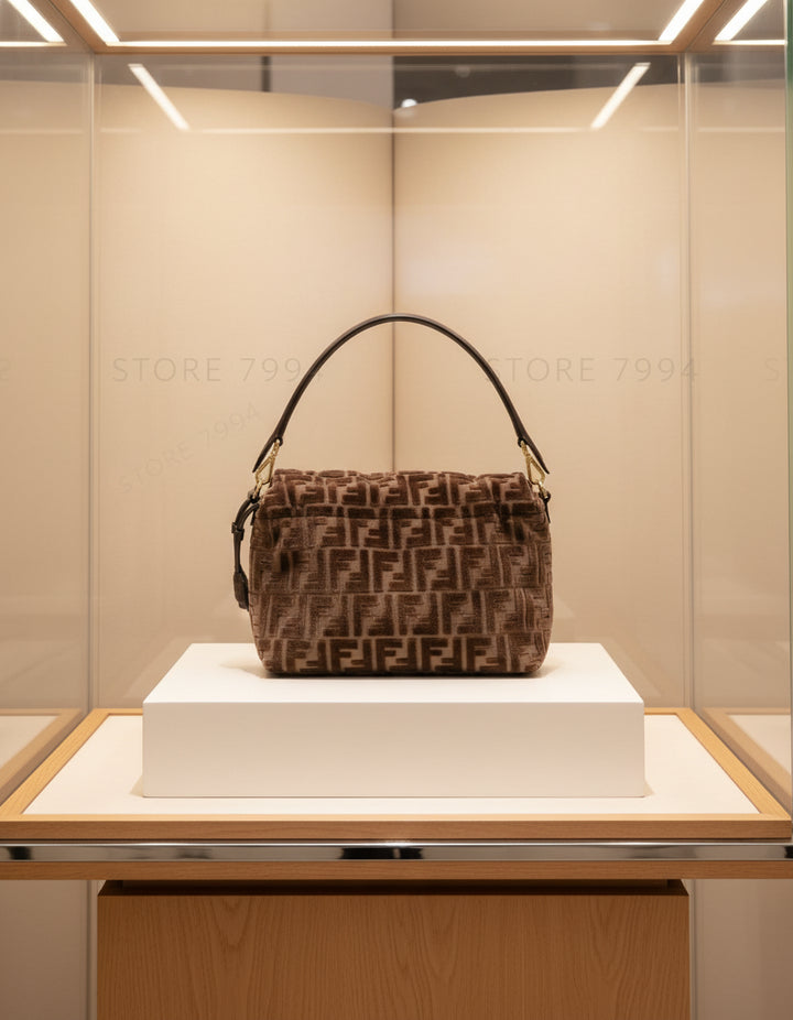 Brown textured handbag with gold logo pattern on a white background