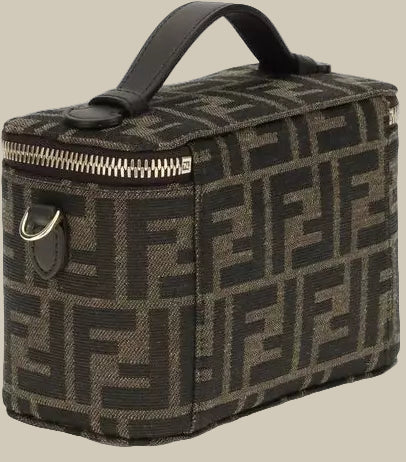 Patterned cosmetic bag with a visible brand logo on a white background