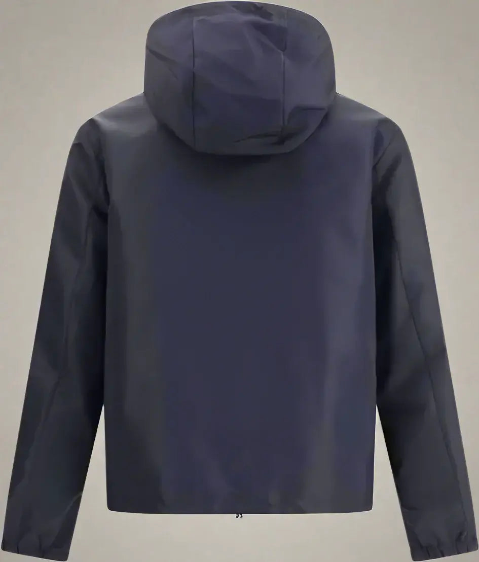 Navy blue raincoat with a hood on a white background