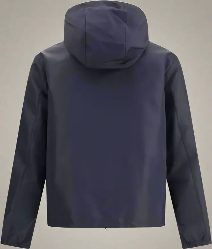 Navy blue raincoat with a hood on a white background