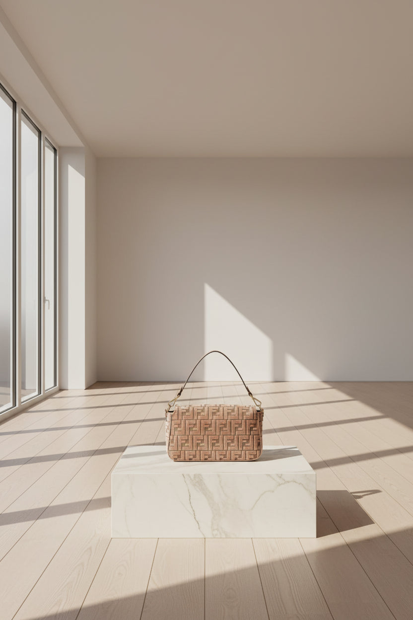 Designer handbag with a distinctive pattern on a white background