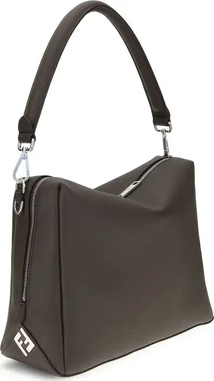 Dark brown handbag with a visible brand logo on a white background