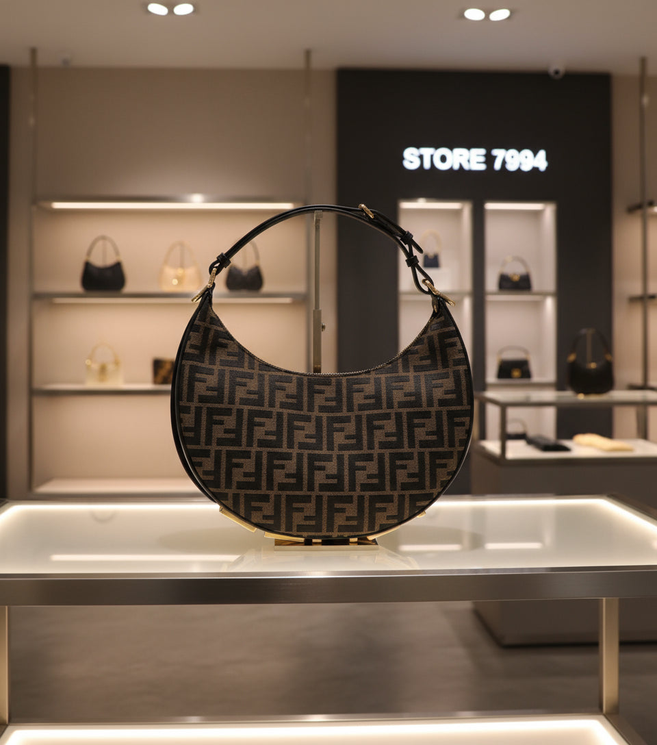 Designer handbag with a prominent logo pattern on a white background