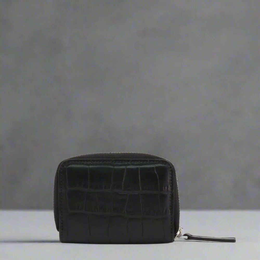 Black crocodile-patterned wallet on a white background