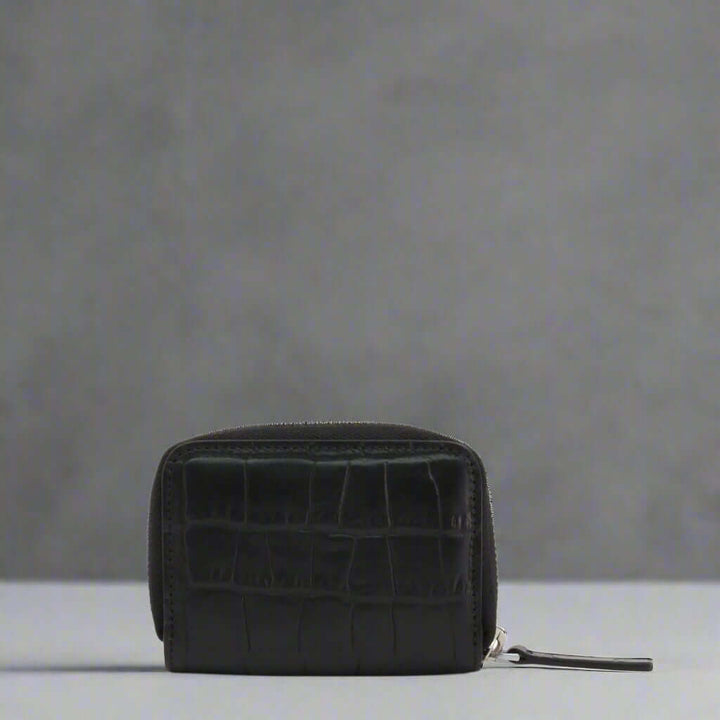 Black crocodile-patterned wallet on a white background