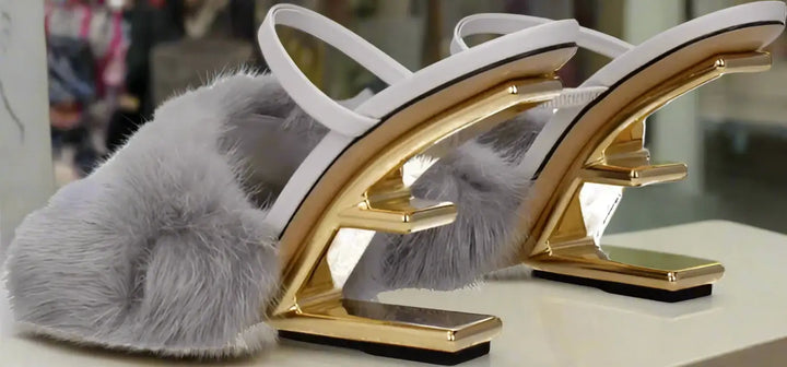 White sandals with gold straps and gray fur pom-poms on a white background