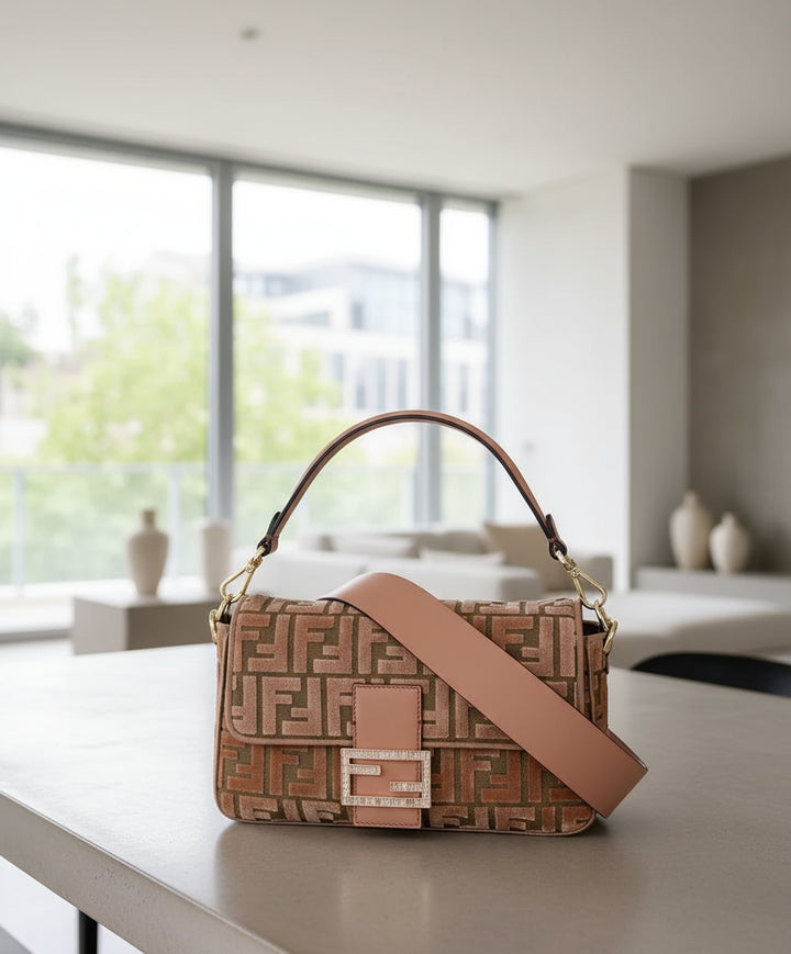 Patterned handbag with a pink strap and buckle on a white background