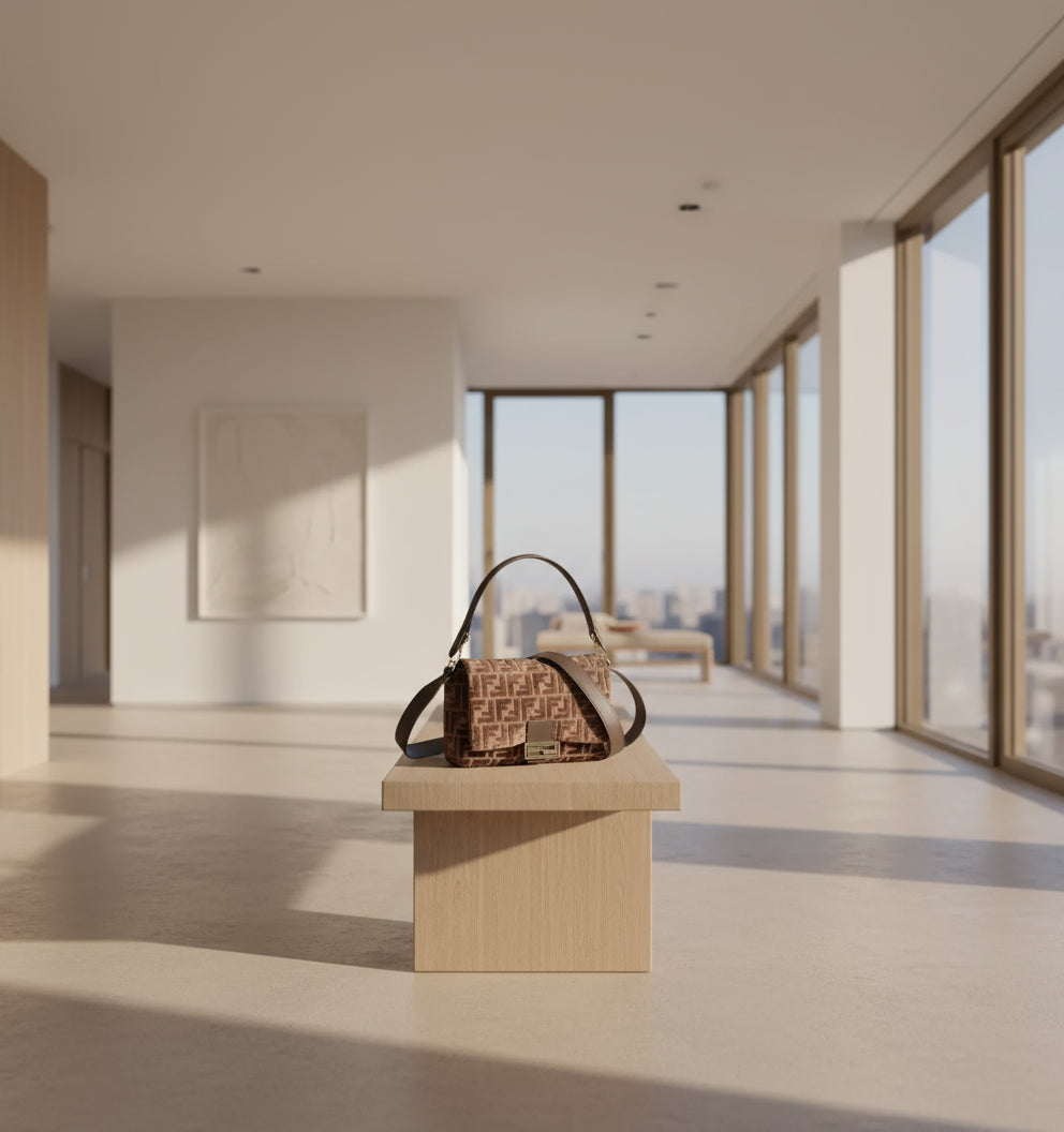 Designer handbag with patterned fabric and visible brand logo on a white background