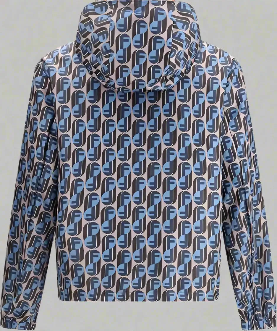 Hoodie with blue and brown geometric pattern on a white background