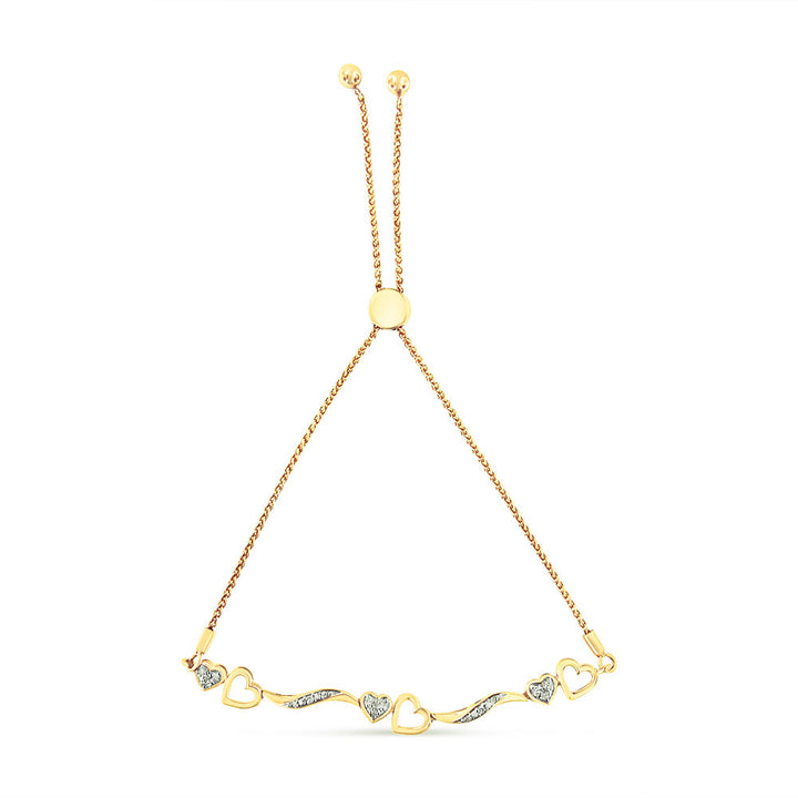 14K Yellow Gold Plated .925 Sterling Silver Diamond Accent Heart and Wave Link Bolo Bracelet (I-J Color, I2-I3 Clarity) - 6" to 9" Adjustable