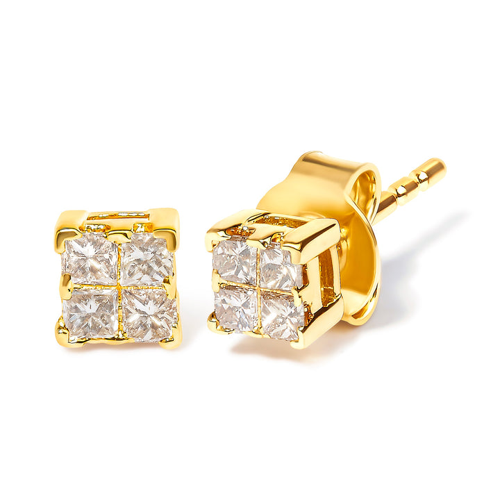 14K Yellow Gold 1/4 Cttw Invisible Set Princess-Cut Diamond Square Stud Earring (J-K Color, I1-I2 Clarity)