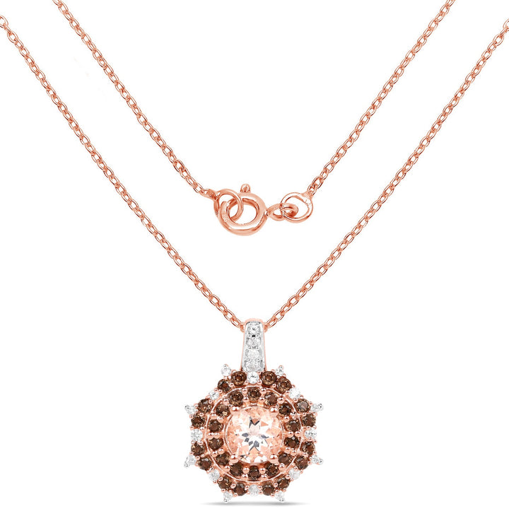 18K Rose Gold Plated 1.61 Carat Genuine Morganite, Smoky Quartz and White Zircon .925 Sterling Silver Pendant
