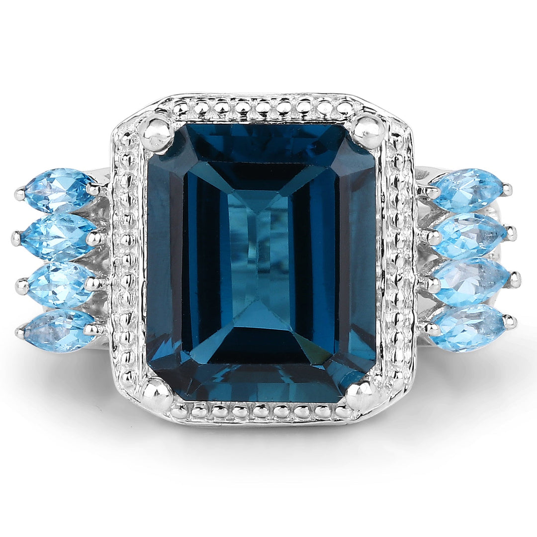8.17 Carat Genuine London Blue Topaz and Swiss Blue Topaz .925 Sterling Silver Ring