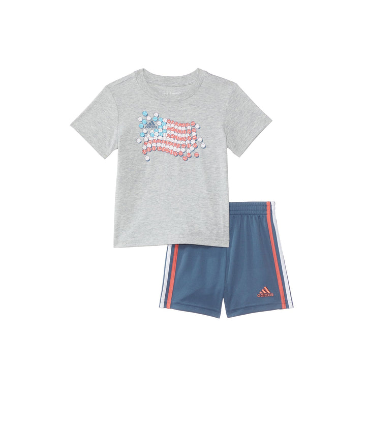 adidas Boys Short Sleeve Cotton Graphic Tee &amp; Shorts Set Heather Grey Navy Flag 9M