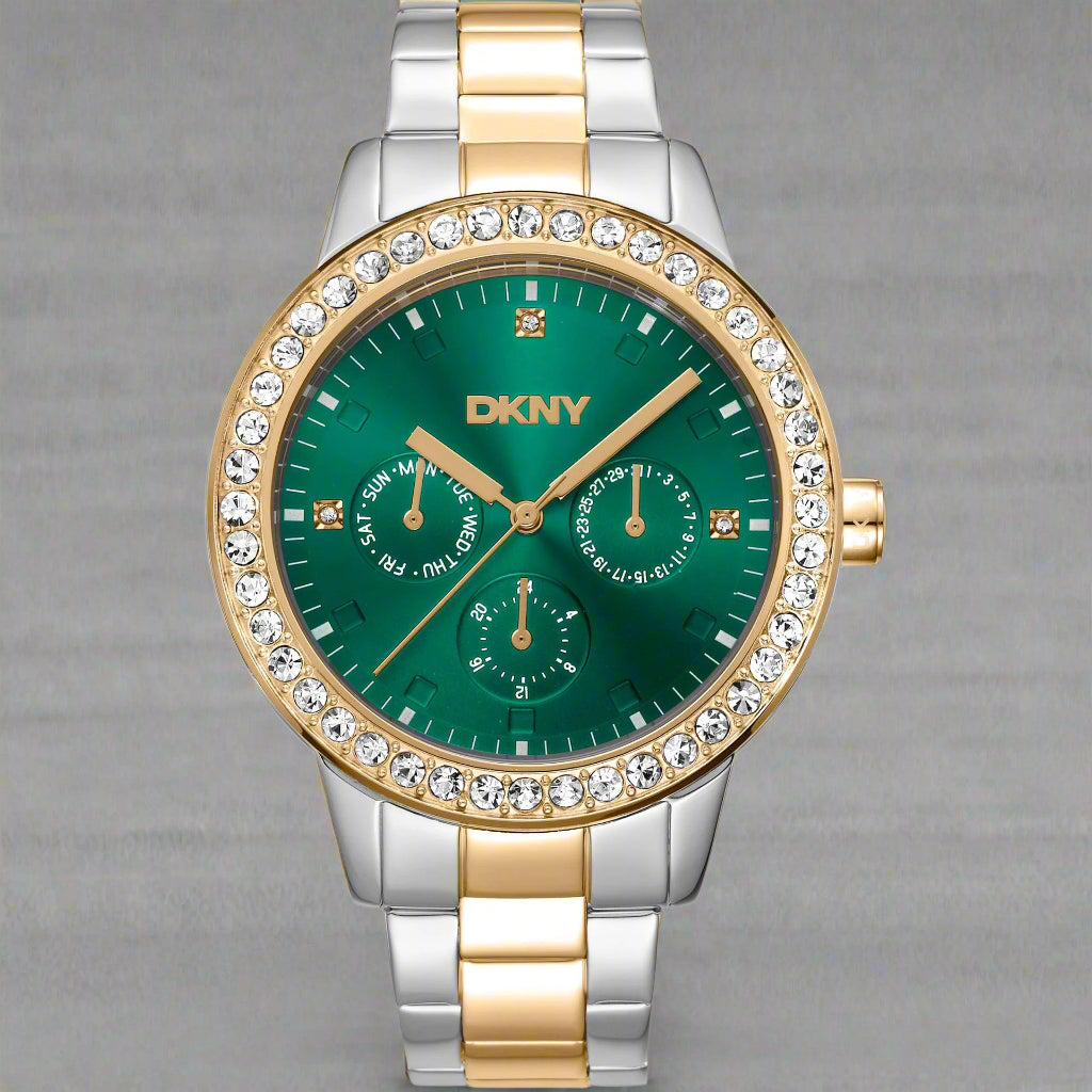 DKNY women's green dial jeweled bezel chronograph Watches