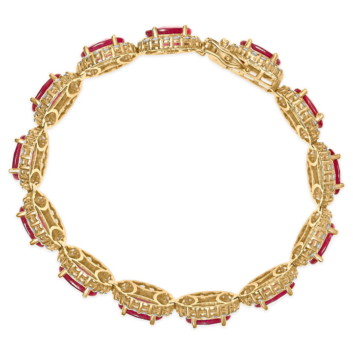 14K Yellow Gold 6 2/5 Cttw Diamond and 34.0 Cttw Oval Red Ruby Halo Link Bracelet (I-J Color, SI1-SI2 Clarity) - 7.25" Inches