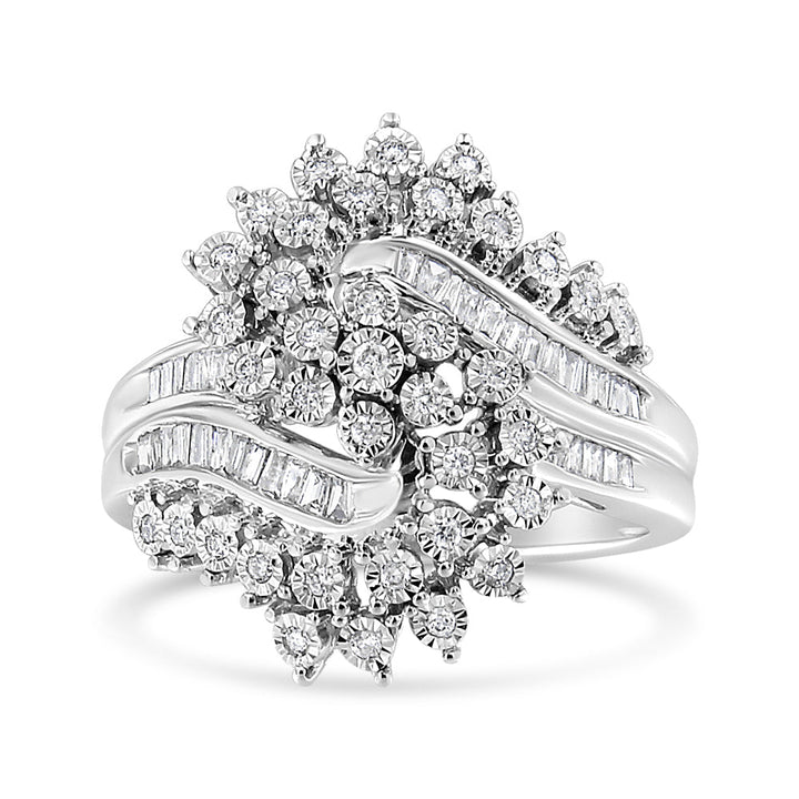 10K White Gold 1/2 Cttw Round and Baguette-Cut "S" Shaped Bypass Cocktail Ring (I-J Color, I1-I2 Clarity) - Size 7