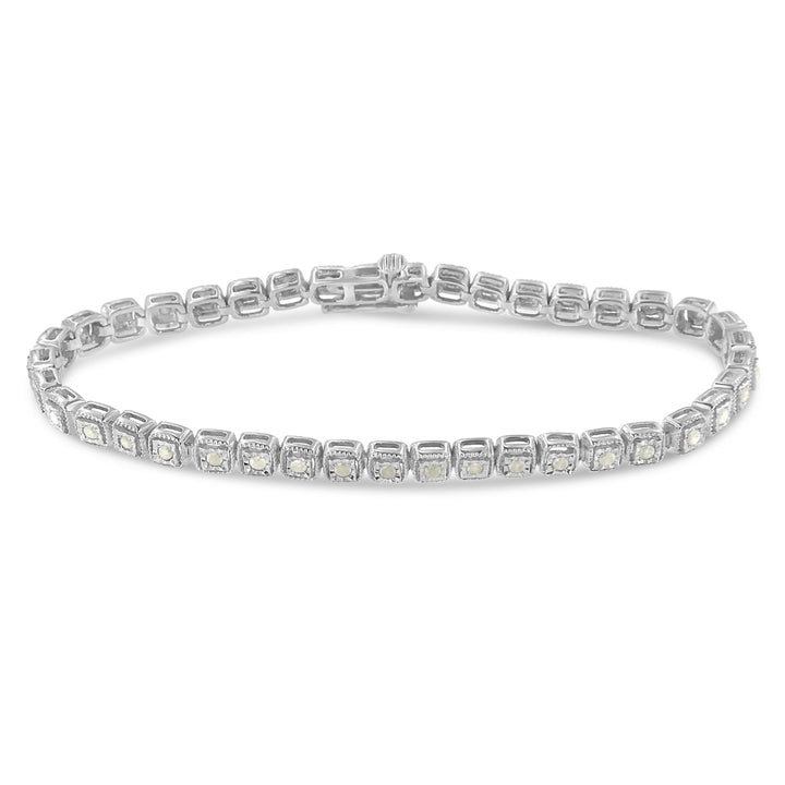 .925 Sterling Silver 1.0 Cttw Diamond Miracle-Set Square Milgrain 7" Link Tennis Bracelet (I-J Color, I3 Clarity)