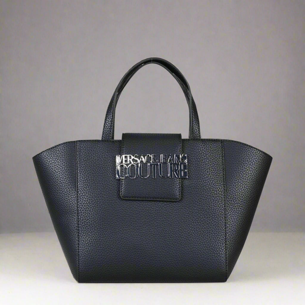 Versace Jeans Couture shoulder bag in black synthetic leather with gold emblem, elegant shopping bag design with two handles.