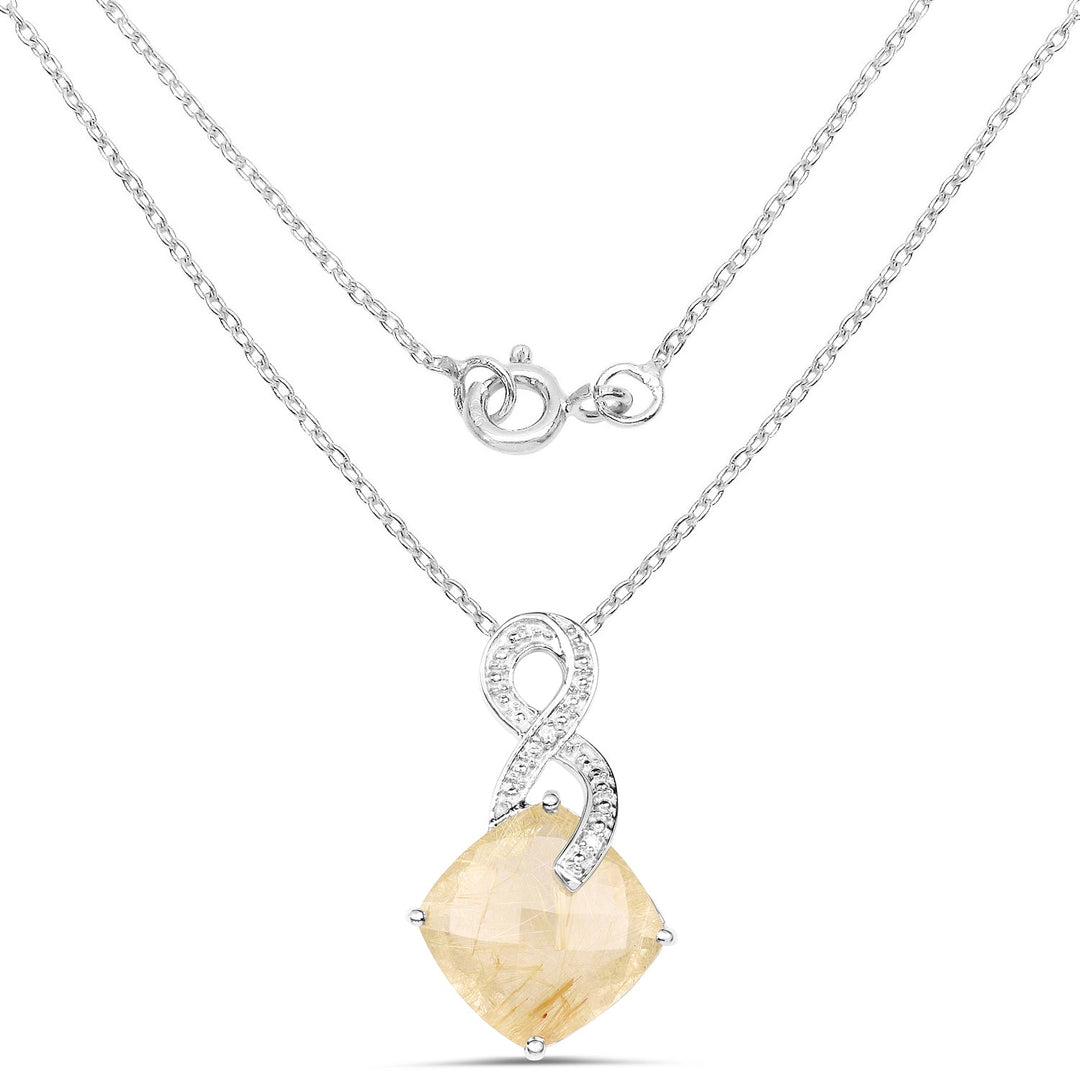 8.81 Carat Genuine Golden Rutile and White Diamond .925 Sterling Silver Pendant