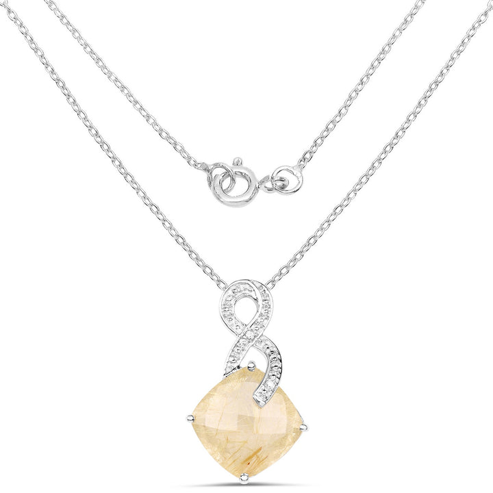 8.81 Carat Genuine Golden Rutile and White Diamond .925 Sterling Silver Pendant