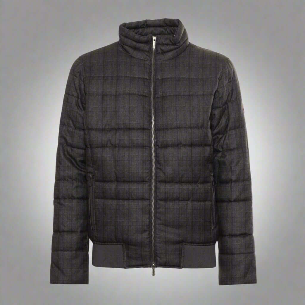 Black quilted jacket on a white background