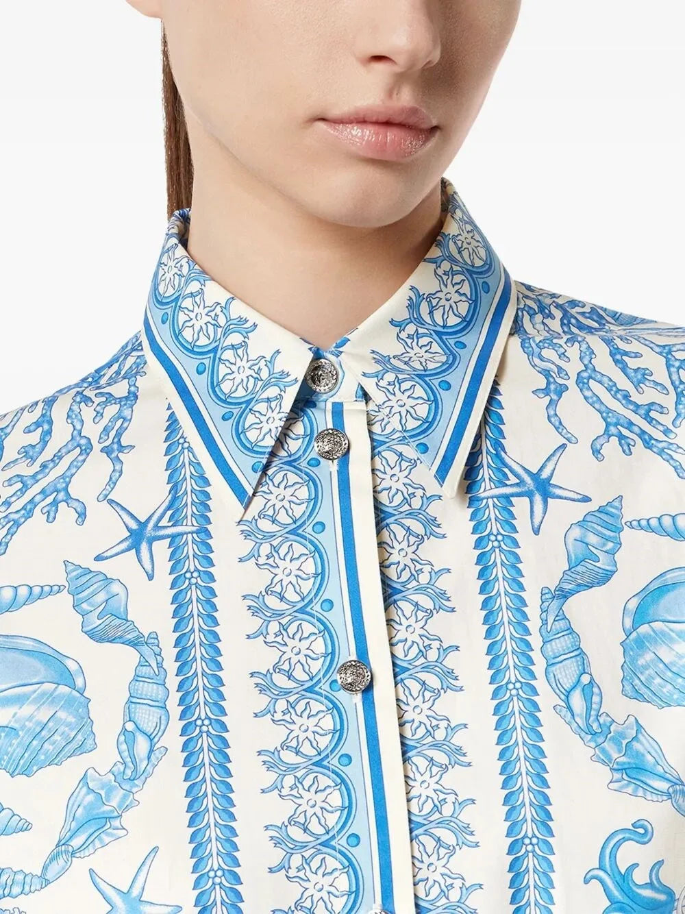 Versace Women Dress `Underwater Barocco Bicolour Foulard` On Cotton Poplin