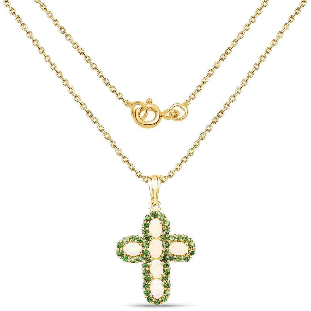 14K Yellow Gold Plated 3.11 Carat Genuine Ethiopian Opal and Chrome Diopside .925 Sterling Silver Pendant