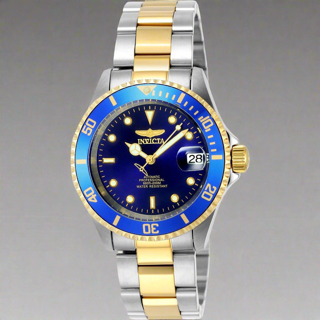 INVICTA Pro Diver men's watch with stainless steel band INVICTA black graphic t-shirt with logo front Gold-tone INVICTA chronograph wristwatch close-up INVICTA men's button-down shirt with embroidered detail INVICTA oversized sport watch and branded appar