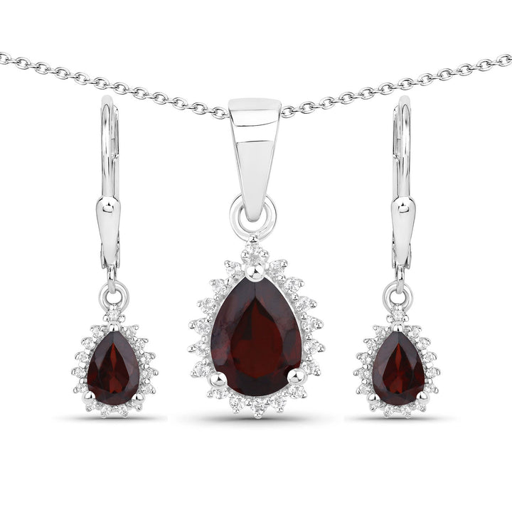 1.88 Carat Genuine Garnet and White Topaz .925 Sterling Silver Jewelry Set