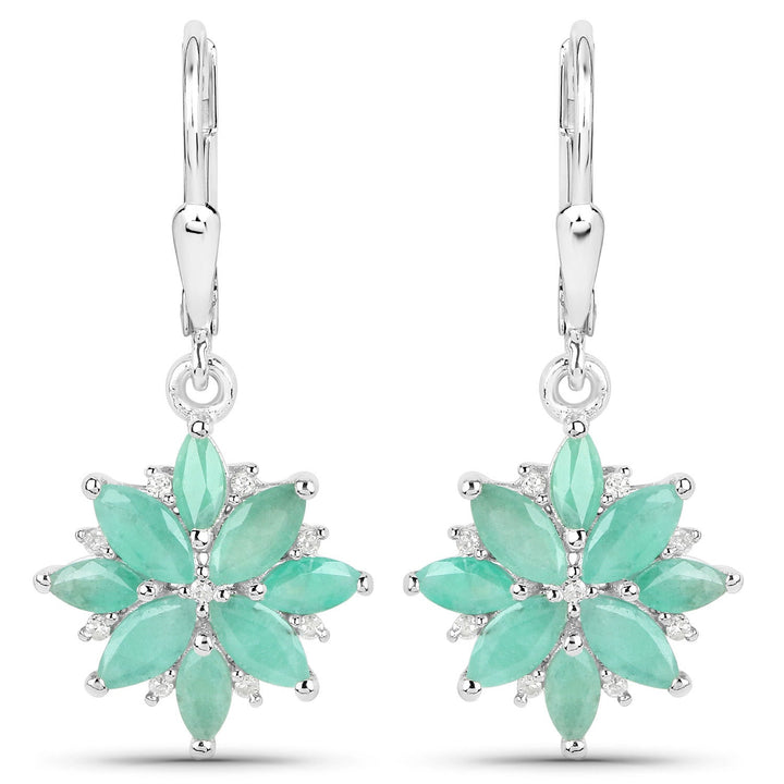 2.92 Carat Genuine Emerald and White Diamond .925 Sterling Silver Earrings