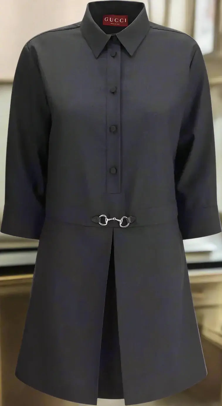 Black equestrian-style coat with a belt and Gucci logo on a white background