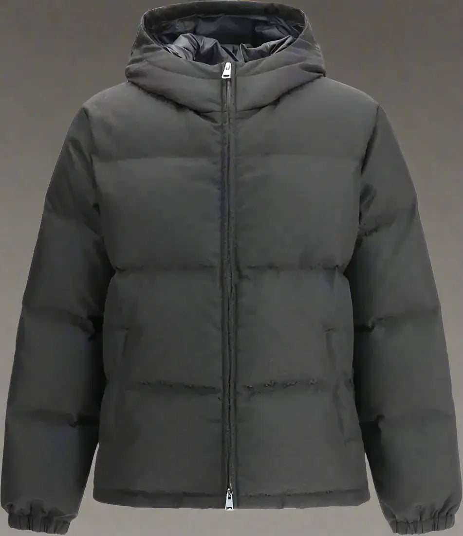 Dark gray puffer jacket with a hood on a white background