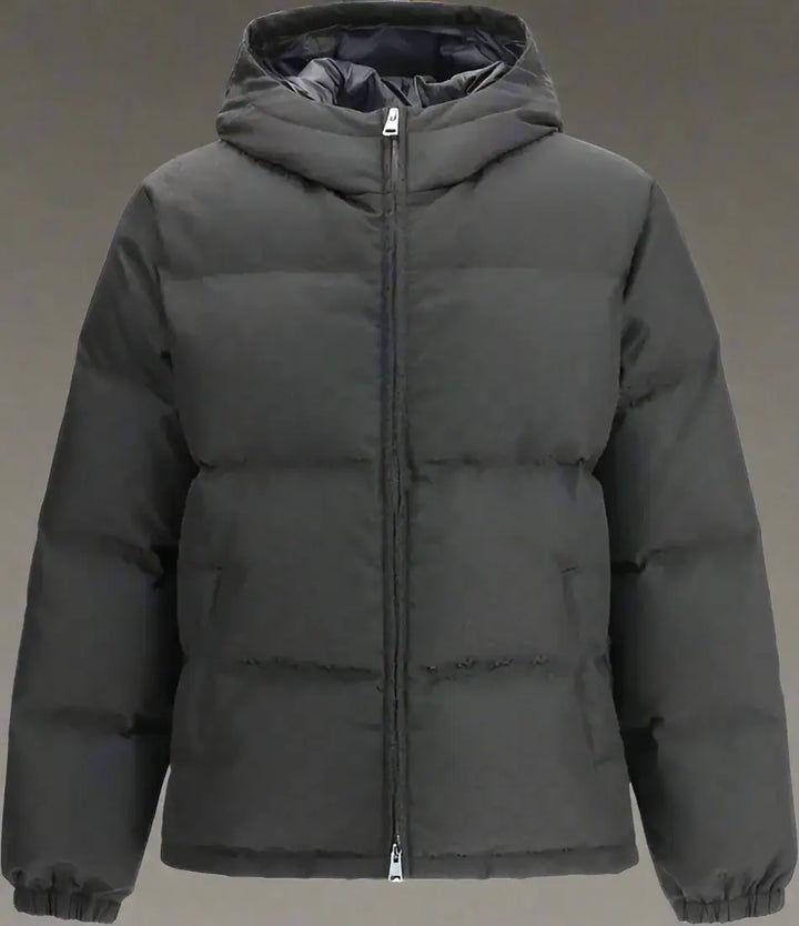 Dark gray puffer jacket with a hood on a white background